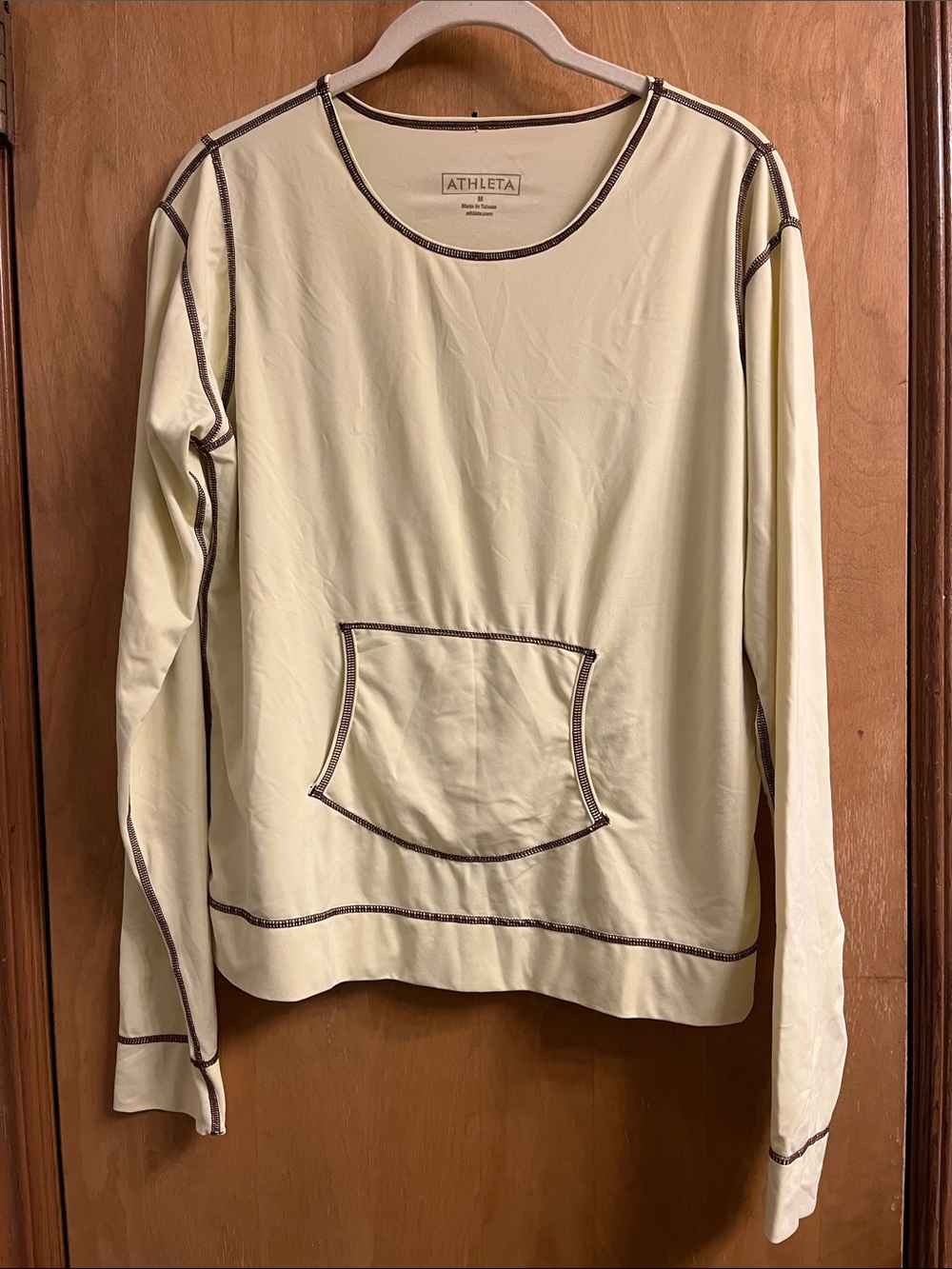 Athleta Pale Yellow Pullover with Brown Contrast Stitching